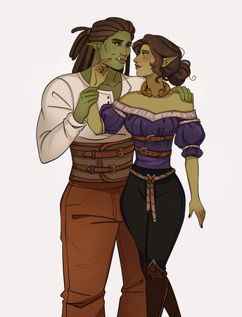A picture of Dmahdi & Sedel, an orc and wood elf respectively, in an affectionate pose