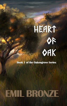 Heart of Oak Cover Art The cover art depicts a single large tree amongst grass and a small treant figure above the title who is resting on a hill.